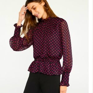 NWT ANN TAYLOR Polka DRAWSTRING PEPLUM TOP Black M